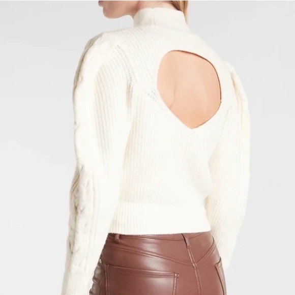 NWT EXPRESS CREAM CABLE KNIT PUFF SLEEVE OPEN BACK FITTED SWEATER SIZE XS - Picture 2 of 10